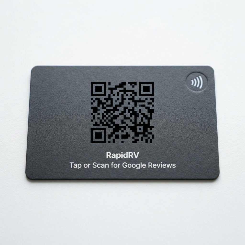 The back of a RapidRV trade card showing a QR code customers can scan if their phone has no NFC