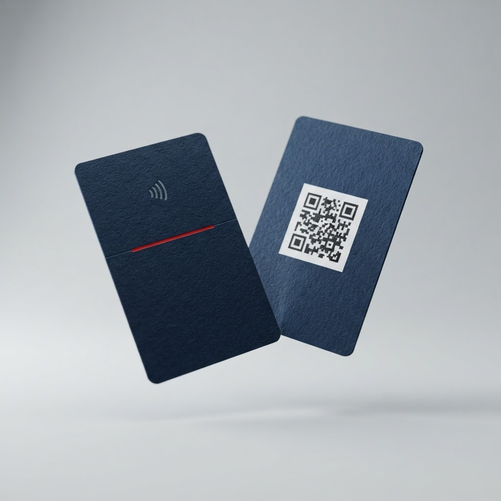 Front and back of the RapidRV card showing the NFC tap icon and a QR code