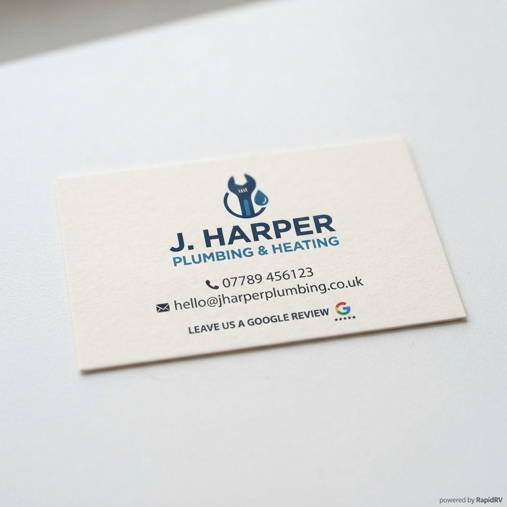 Example RapidRV card printed with a UK tradesperson's own company logo, name and phone number — like their own business card